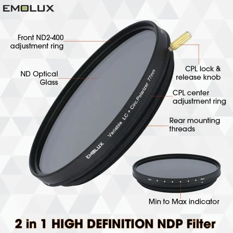 Emolux 40.5mm COMBI NDP  FILTRE 1-8 F/STOP VARIABLE & POLARIZE