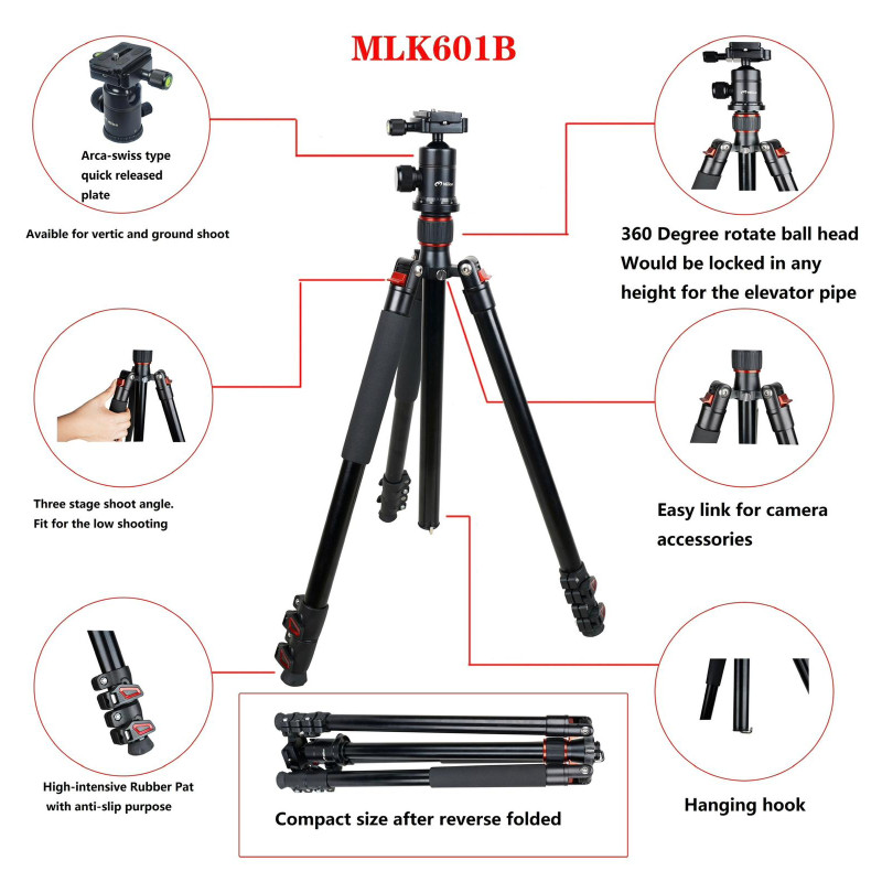 Milica MLK-601B 165CM Çantalı Profesyonel Top Kafa Fotoğraf Tripod