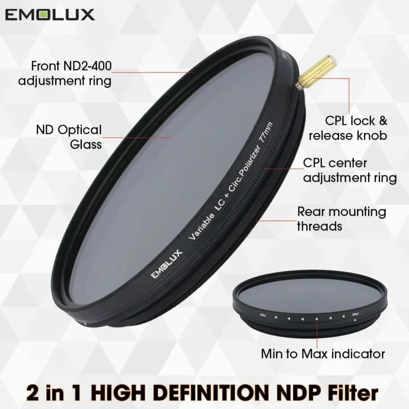 Emolux 40.5mm COMBI NDP  FILTRE 1-8 F/STOP VARIABLE & POLARIZE